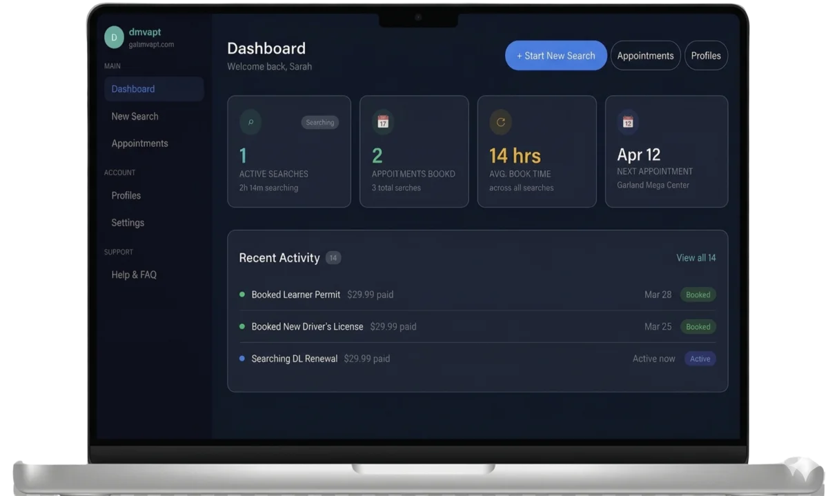 Dashboard showing 1 active search, 2 booked appointments, and 14 hour average booking time