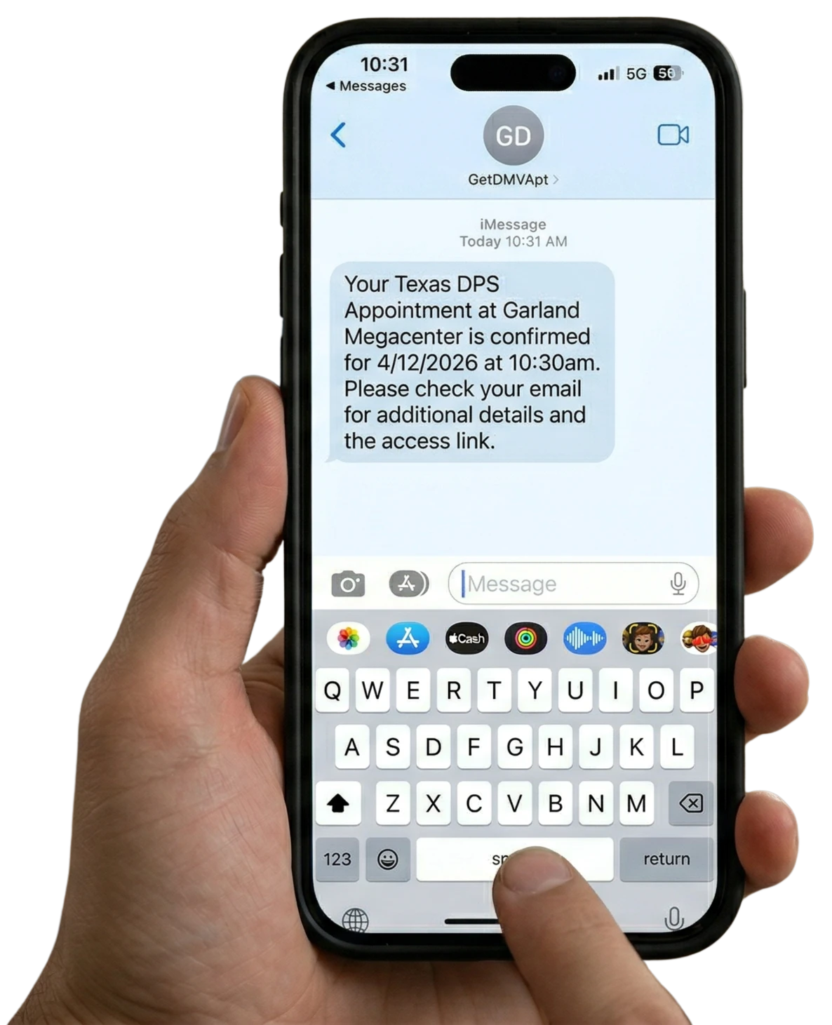 iPhone showing iMessage from GetDMVApt — Your Texas DPS Appointment at Garland Megacenter is confirmed for 4/12/2026 at 10:30am